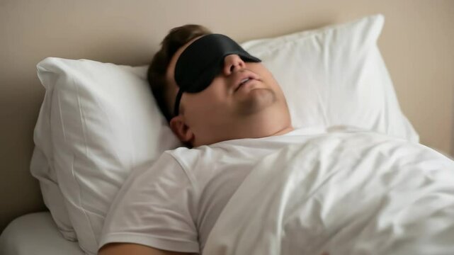  Overweight man in black mask snores in his sleep with his mouth open. Sleep apnea. Restless sleep.