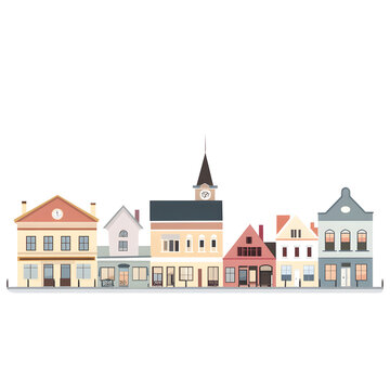 A row of houses with a clock tower in the middle. The houses are of different colors and styles