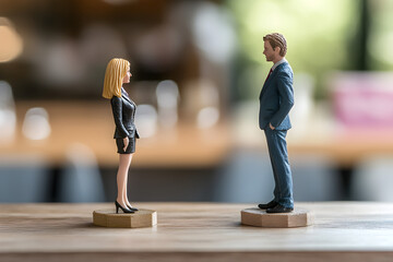 Two figures, one a woman and the other a man, stand facing each other on a wooden table. The woman is wearing a suit and the man is wearing a suit and tie. The scene is set in a kitchen