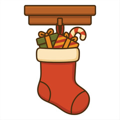 Christmas stocking filled with presents and candy cane hanging from a fireplace mantel