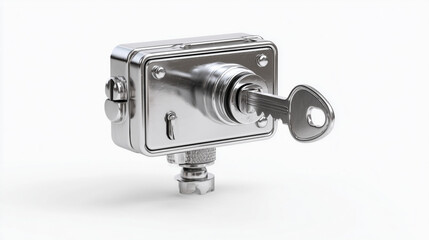 Bright metal lock with key resting on a white surface, showcasing its polished finish and intricate design details