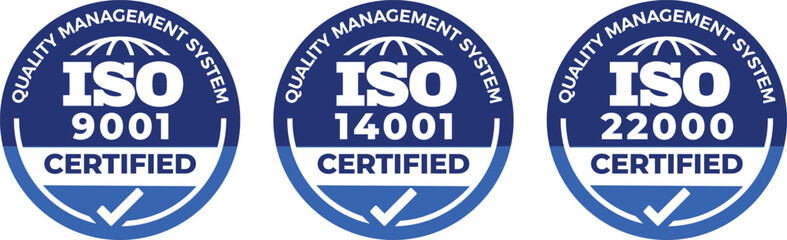 ISO 9001, 14001, 22000 Certified Emblems Set – Monochrome QMS Standard Vector Icons Collection