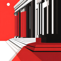 A red and black building with white pillars. The building is a courthouse. The red and black color scheme gives the building a sense of authority and power