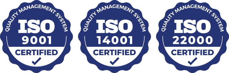 ISO 9001, 14001, 22000 Certified Emblems Set – Monochrome QMS Standard Vector Icons Collection