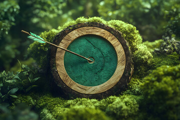 A green circle with a wooden rim and a green arrow pointing to it. The arrow is bent and the circle is surrounded by green moss