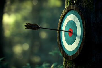 A wooden target with a red bullseye and a single arrow pointing to it. Concept of focus and determination, as the arrow is the only thing that is not obscured by the surrounding foliage