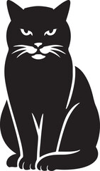 Seated black cat silhouette peaceful art, Calm cat in resting position black white