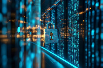A computer screen shows a key on a lock. The lock is surrounded by a blue background with a city view in the background. Concept of security and protection, as the key is the symbol of protection