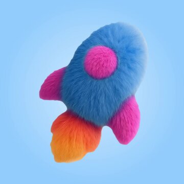 Fuzzy colorful rocket toy animation isolated asset, transparent 4K video, alpha channel, ProRes 4444
