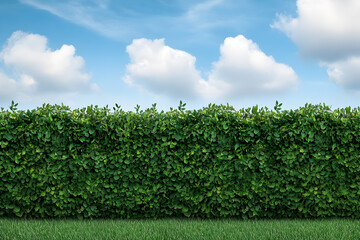A hedge with green leaves and a blue sky in the background