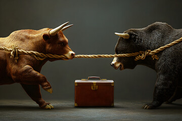 Two bears are fighting over a suitcase