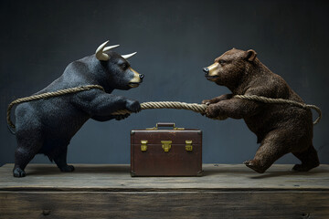 Two bears are fighting over a suitcase