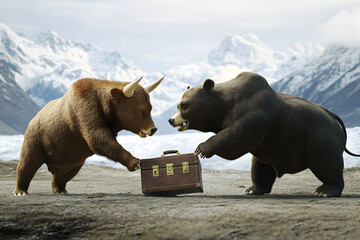 Two bears are fighting over a suitcase