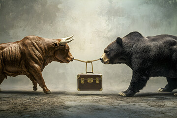 Two bears are fighting over a suitcase