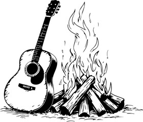 Campfire acoustic guitar jam session outdoor gathering music experience night setting intimate atmosphere connection and relaxation