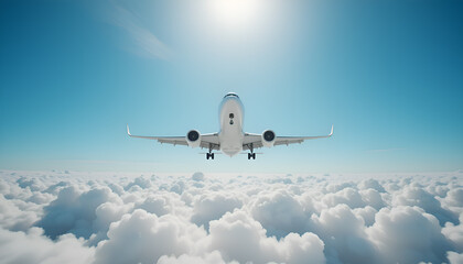 Obraz premium Airplane flying above fluffy white clouds