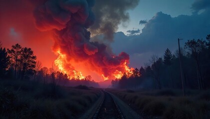 Fierce wildfire raging through a dry forest, consuming trees and underbrush, billowing smoke into the sky The intense flames illuminate the night , scorched, charred, yellow