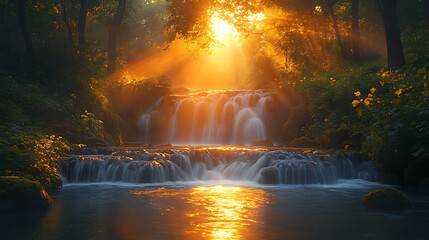 Golden waterfall in lush forest