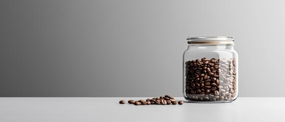 Glass jar with a metal lid on a white surface. the jar is filled with coffee beans of different sizes and colors.