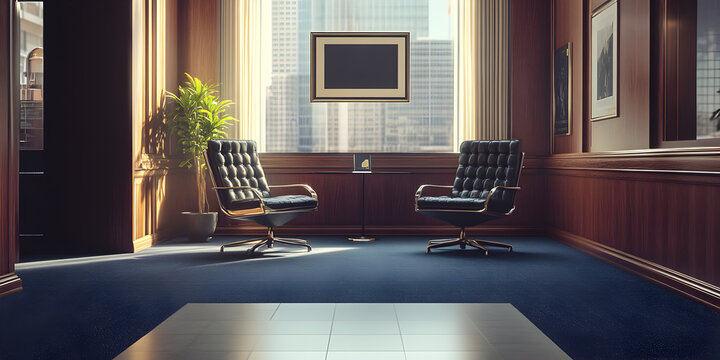 A room with two black chairs and a large window