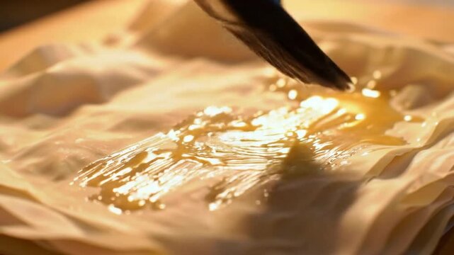 Golden phyllo pastry being layered with butter brush strokes
