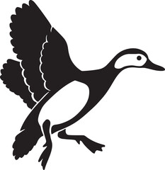 Fototapeta premium Flying duck taking flight silhouette, Water bird in motion black drawing