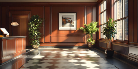 A large room with a wooden desk and a window