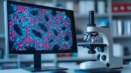 biotechnology laboratory and DNA analysis with microscopy. Digital screen showing live microscopy feed of DNA under molecular examination
