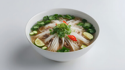 A bowl of delicious pho, a Vietnamese noodle soup, garnished with fresh cilantro, lime wedges, and chili peppers. The broth is light and flavorful, and the noodles are perfectly cooked.