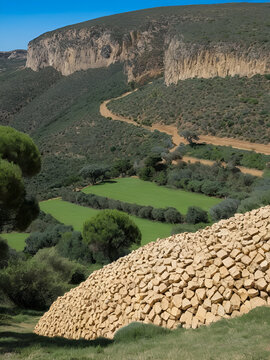 Balsa de deposito de Lodos con la tierra arcillosa agrietada al perder humedad. Desmonte en paisaje de gravera