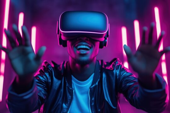 African american man uses virtual reality headset in a neon lit room, exploring digital world, moving hands as if touching things in the virtual environment