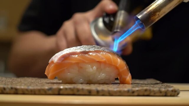 Sushi chef torching salmon aburi, flames licking the fish