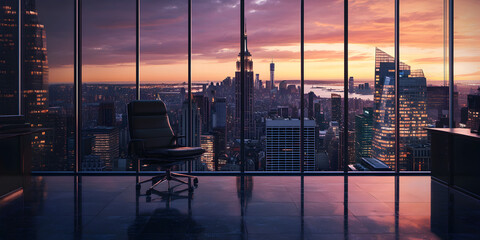 A chair is in front of a window overlooking a city
