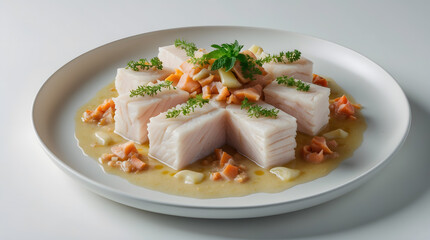 Elegant plated dish featuring seared cod cubes, arranged artfully with a vibrant carrot and herb sauce. Garnish includes fresh mint and delicate herbs. A sophisticated culinary presentation.