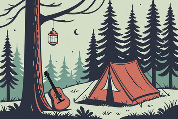  camping, outdoor adventure, forest, pine trees, campfire, red tent, lantern, guitar, nature, landscape, wilderness, scenic, tranquil, serene, peaceful