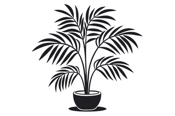 Elegant black and white illustration of a palm plant in a decorative pot.