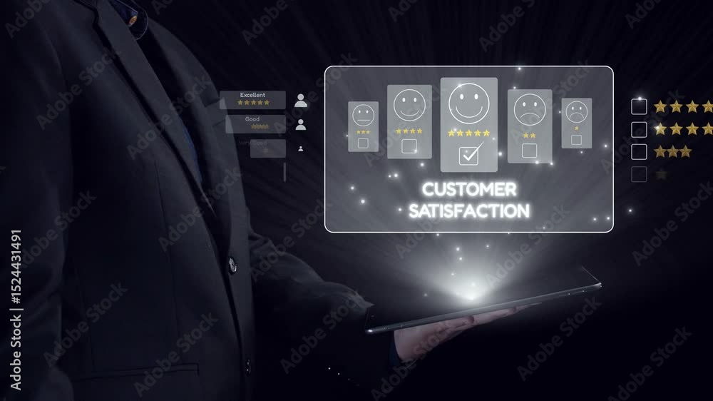 Poster a business professional examines customer satisfaction metrics using a tablet. the scene highlights 