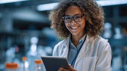 Smiling Female Scientist in Laboratory with Tablet and Lab Equipment