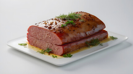 Glazed ham roast, sliced and garnished with fresh herbs, sits on a white rectangular plate. The ham has a rich, glossy glaze and appears juicy and tender.