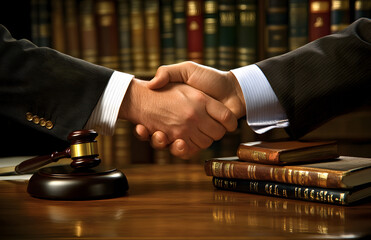 Two men shaking hands in front of a stack of books