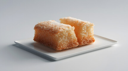 Two pieces of delicious coconut cake sit on a white square plate against a bright white background. The cake is golden-brown and generously coated in shredded coconut.
