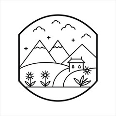 Mountain and Forest Scene Line Art Design