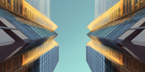 Two tall buildings with a clear blue sky in the background