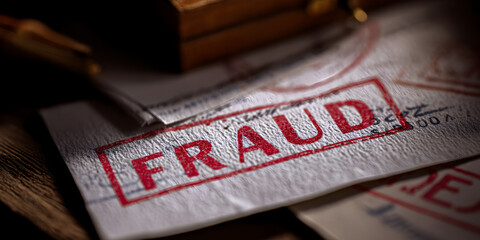 A red stamp with the word fraud on it is on top of a piece of paper