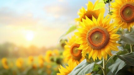 Obraz premium AI Image. Banner with sunflowers against blur sky with copy space