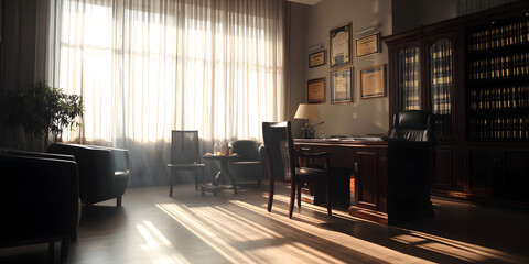 A large room with a desk and two chairs