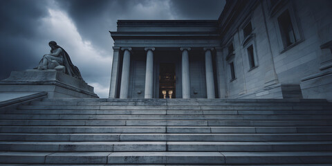 A large building with a statue of a woman sitting on the steps