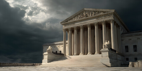The Supreme Court building is lit up in the dark
