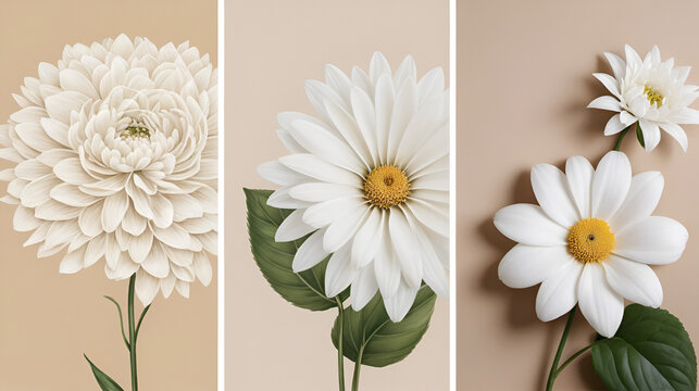 Two images side by side, one with an elegant beige and white flower wall painting on the lef