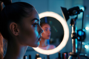 Young Caucasian Woman Creating Beauty Content with Ring Light in Modern Studio